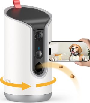 Panoramic pet camera with remote feeding and two-way talk