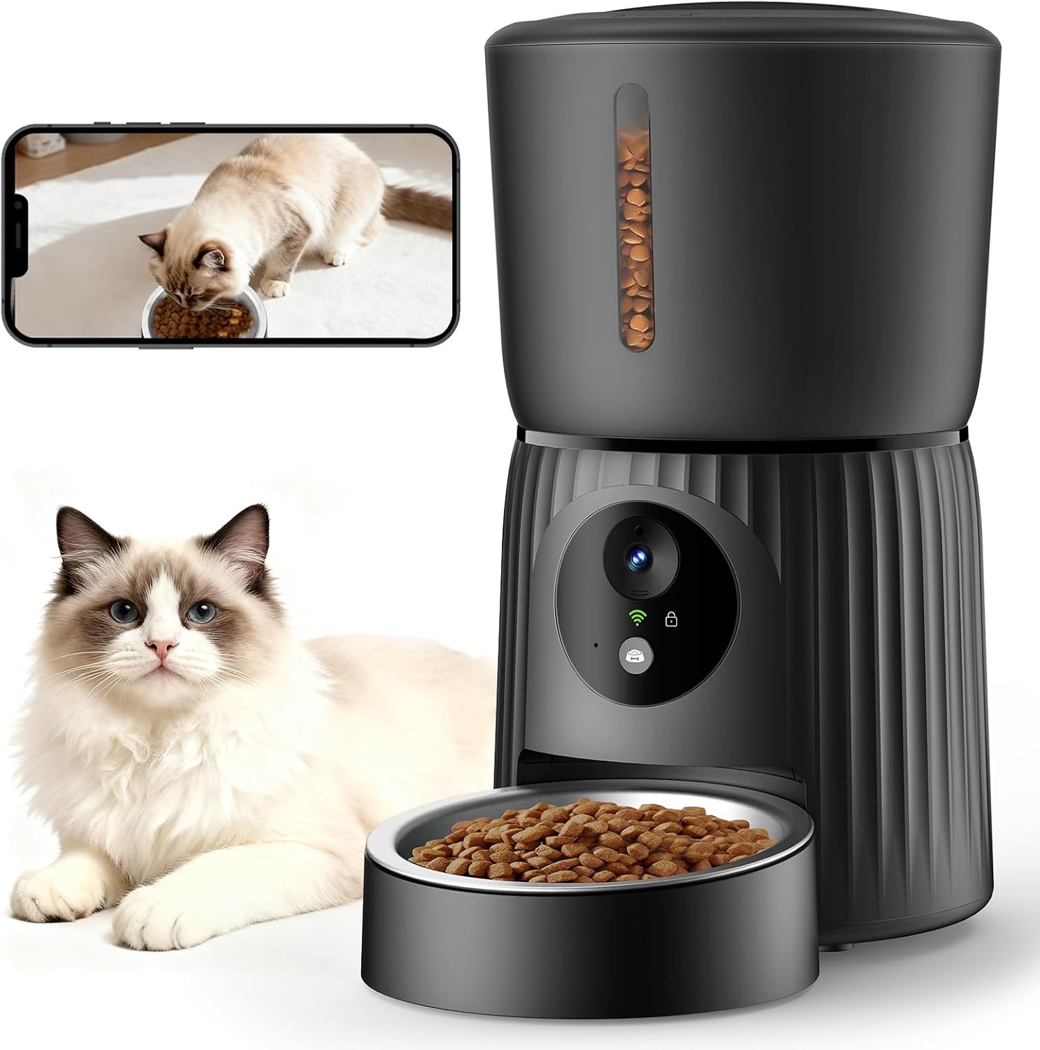 Smart pet feeding camera with anti-clogging, two-way audio, and night vision