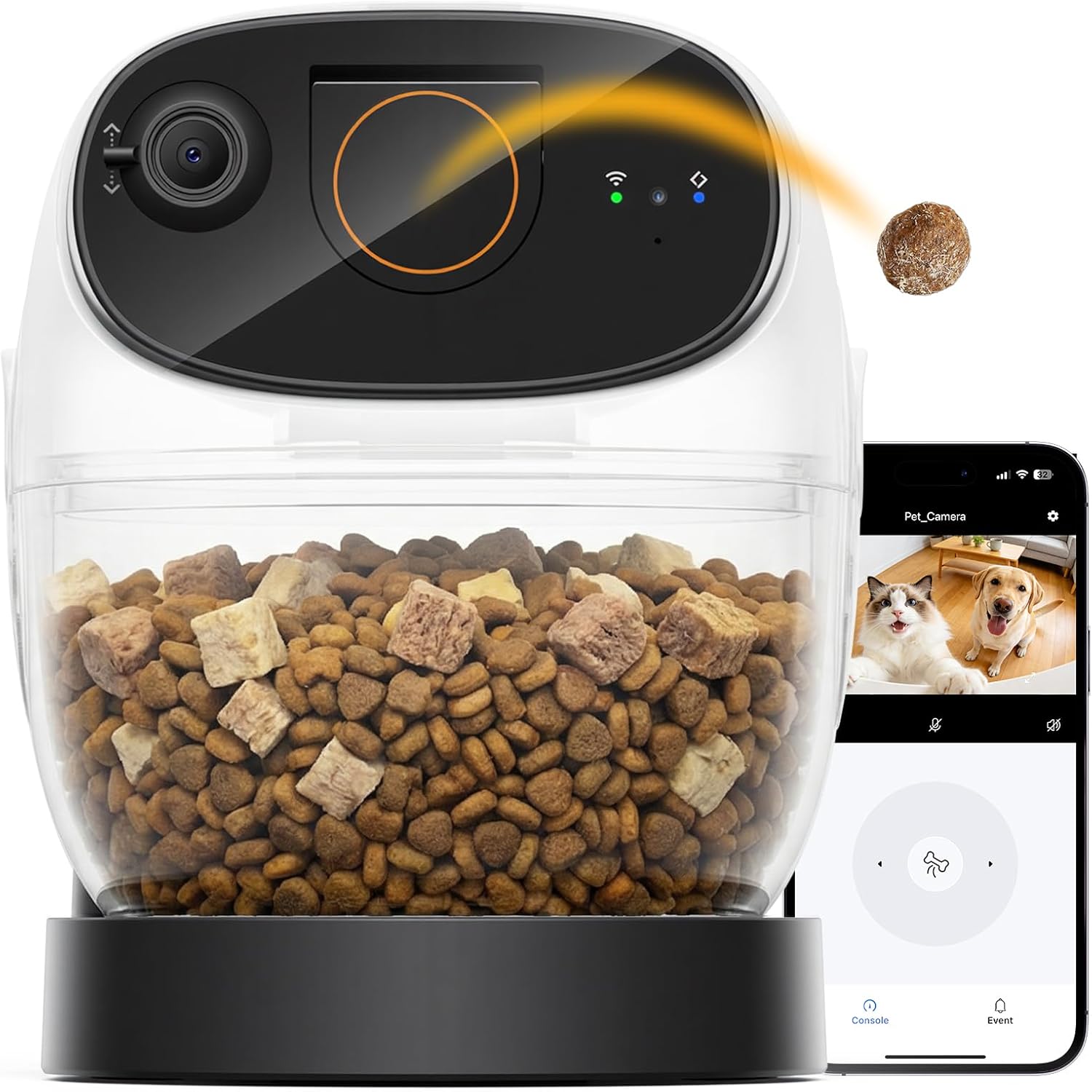 Smart pet feeding camera with noise reduction and anti-anxiety monitoring